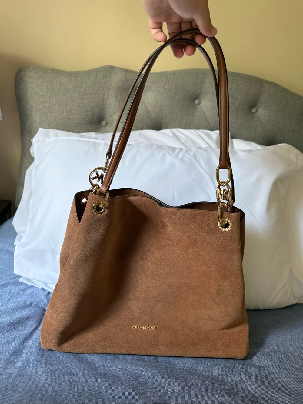 Michael Kors Brown Suede Shoulder Bag with Gold Hardware